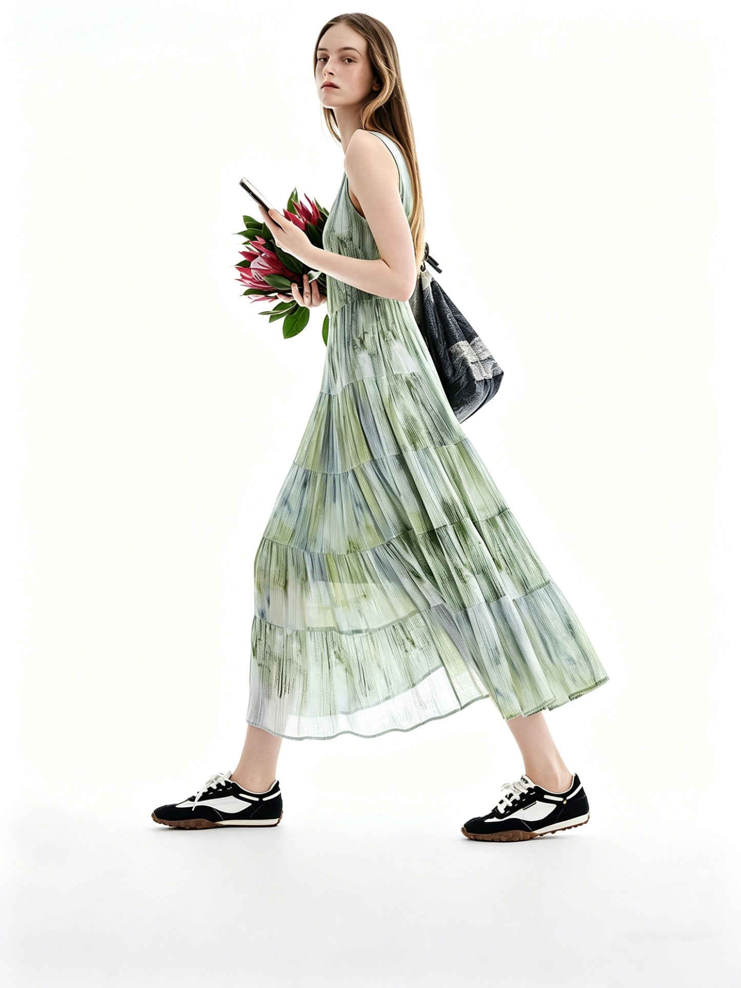 AYANAS Green gradient mottled print pinafore dress