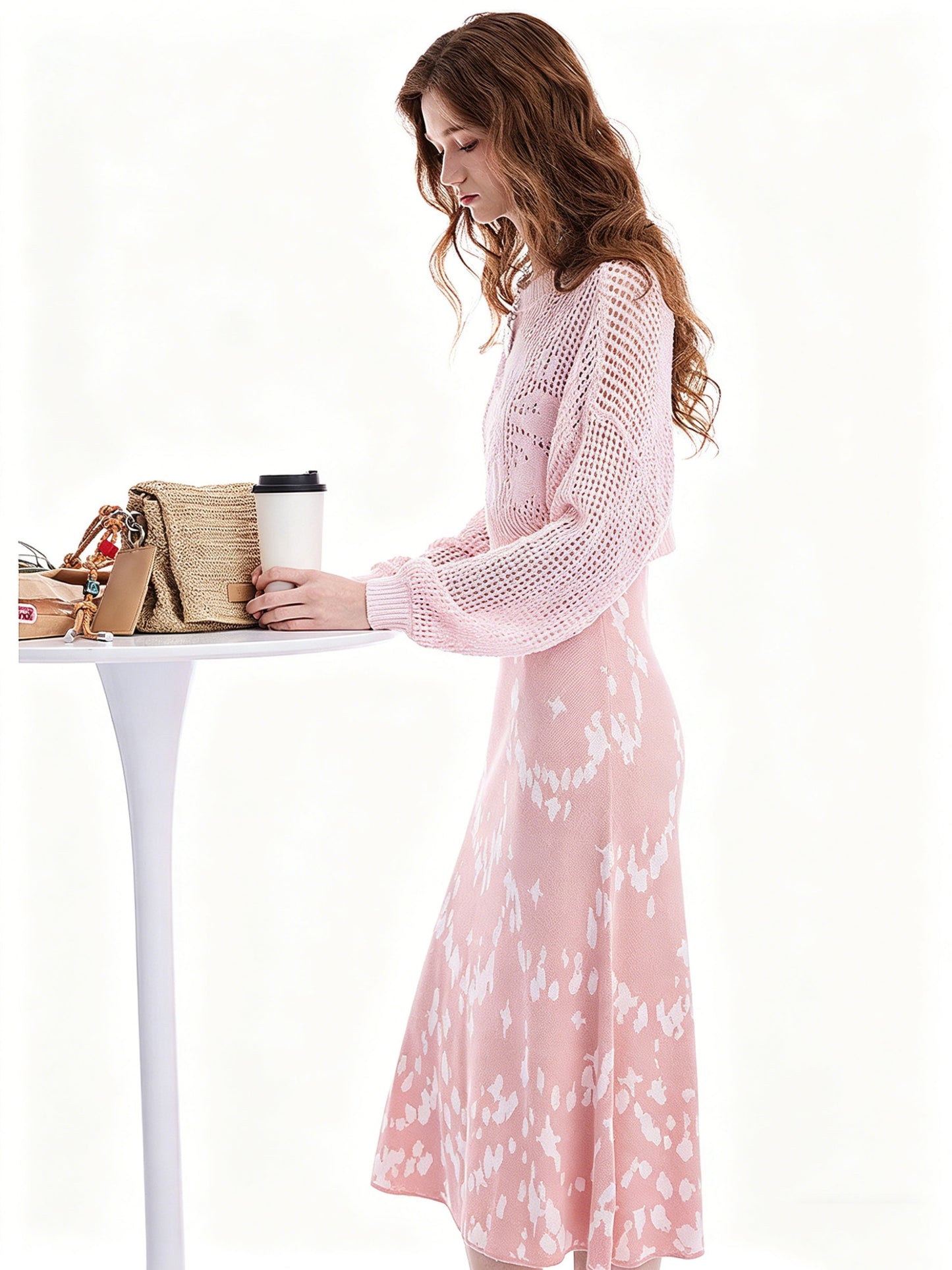 AYANAS Pink Wavy Jacquard Spaghetti-Strap Knit Dress