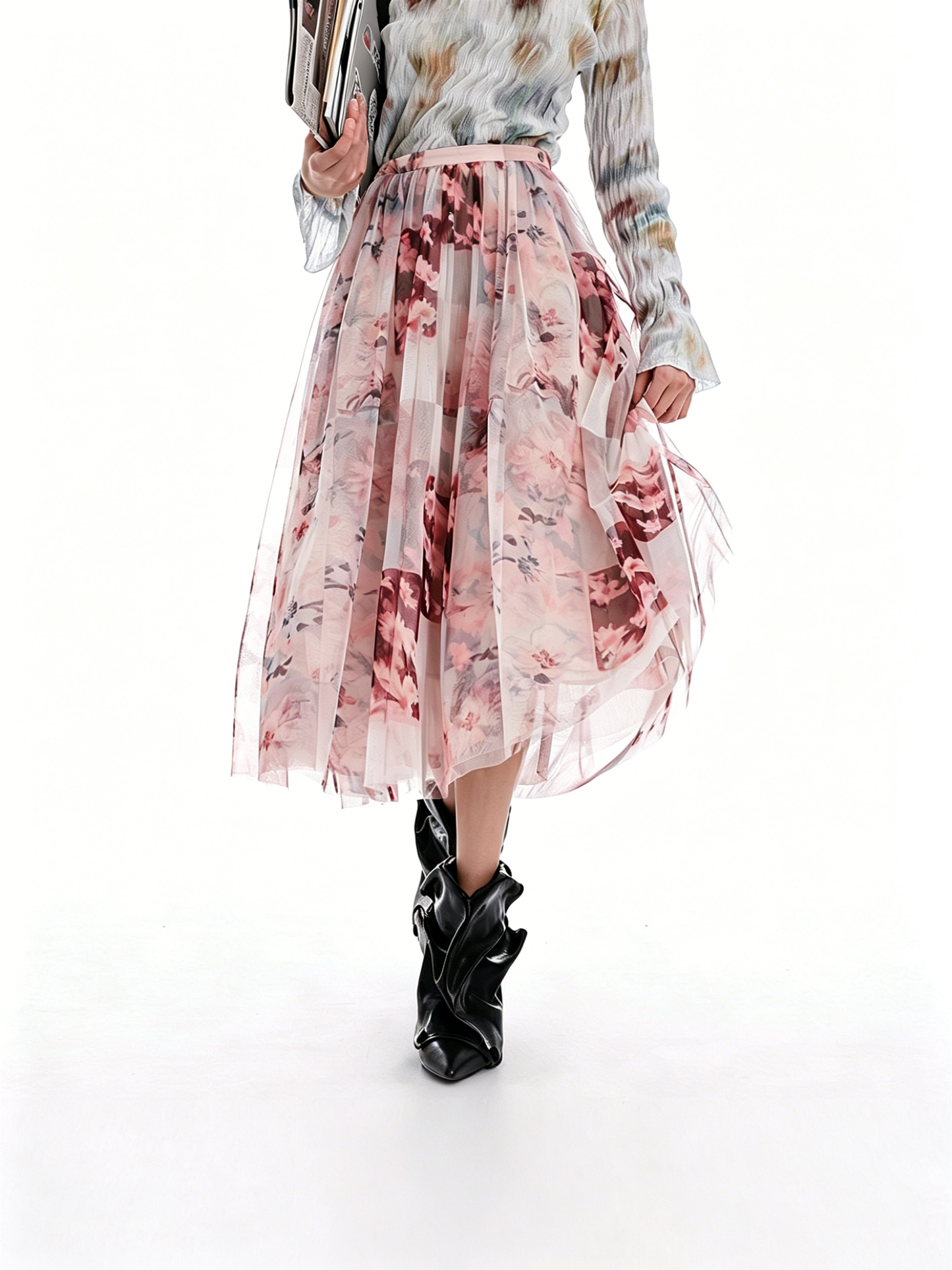 AYANAS Pink Floral-Print Layered Tulle Midi Skirt