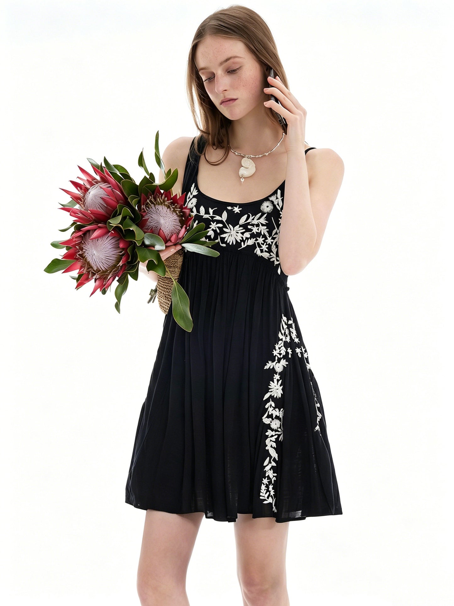 AYANAS Black-and-white floral embroidered sundress
