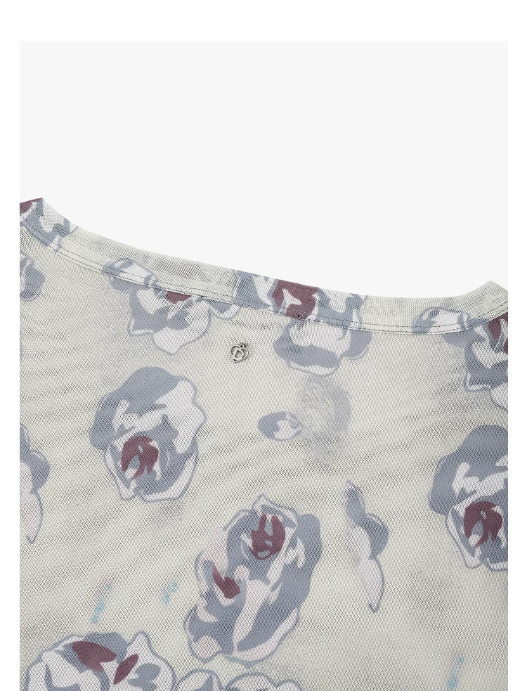AYANAS T-shirt with floral rose print and lace panels