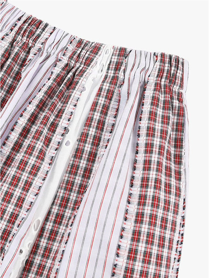 AYANAS Patchwork Striped and Checkered Elastic-Waist Midi Skirt