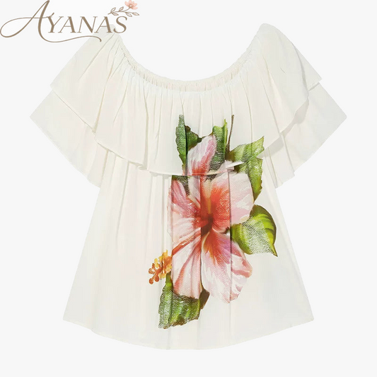 AYANAS Women’s short-sleeved printed T-shirt with a ruffled crew neck