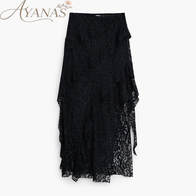 AYANAS Midi skirt with layered ruffles and an asymmetrical slit