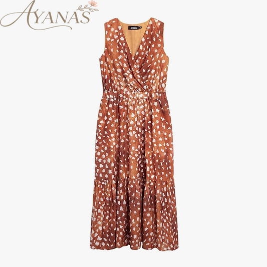 AYANAS Orange Printed V-Neck Sleeveless Women's Dress