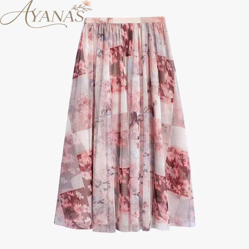 AYANAS Pink Floral-Print Layered Tulle Midi Skirt