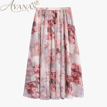AYANAS Pink Floral-Print Layered Tulle Midi Skirt