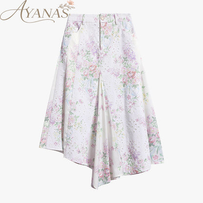 AYNAS Openwork floral print patchwork skirt