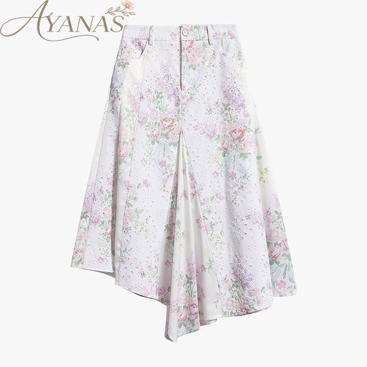 AYNAS Openwork floral print patchwork skirt