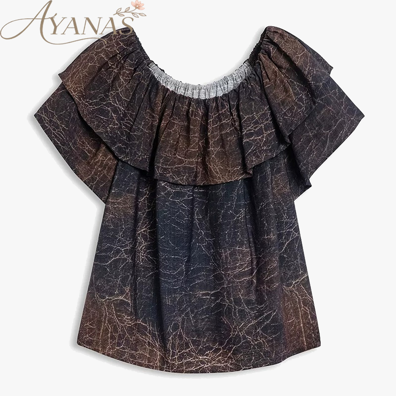 AYANAS Brown Leather-Print Ruffle Women's T-Shirt