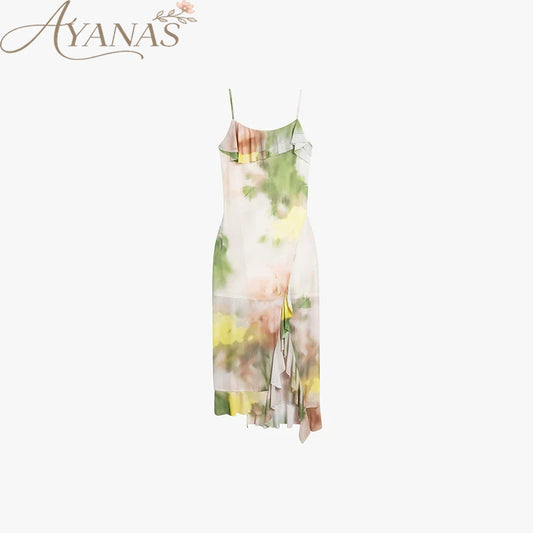 AYANAS Stretch-Print Ruffled Spaghetti-Strap Dress for Women