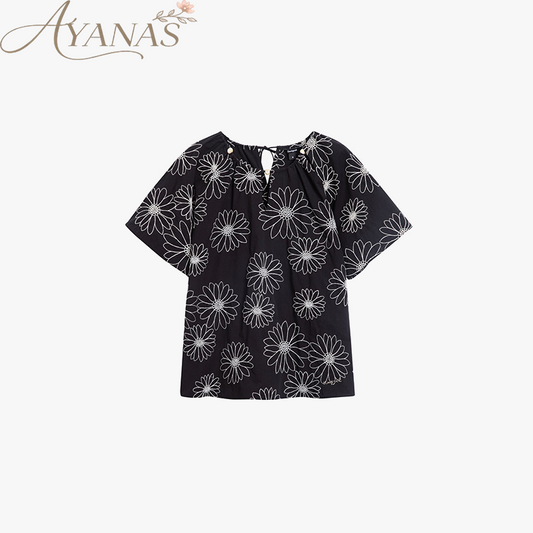 AYANAS Loose-fit drop-shoulder short-sleeve women's shirt set with daisy embroidery
