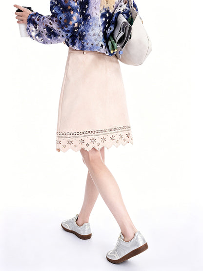 AYANAS Faux suede laser-cut A-line mini skirt