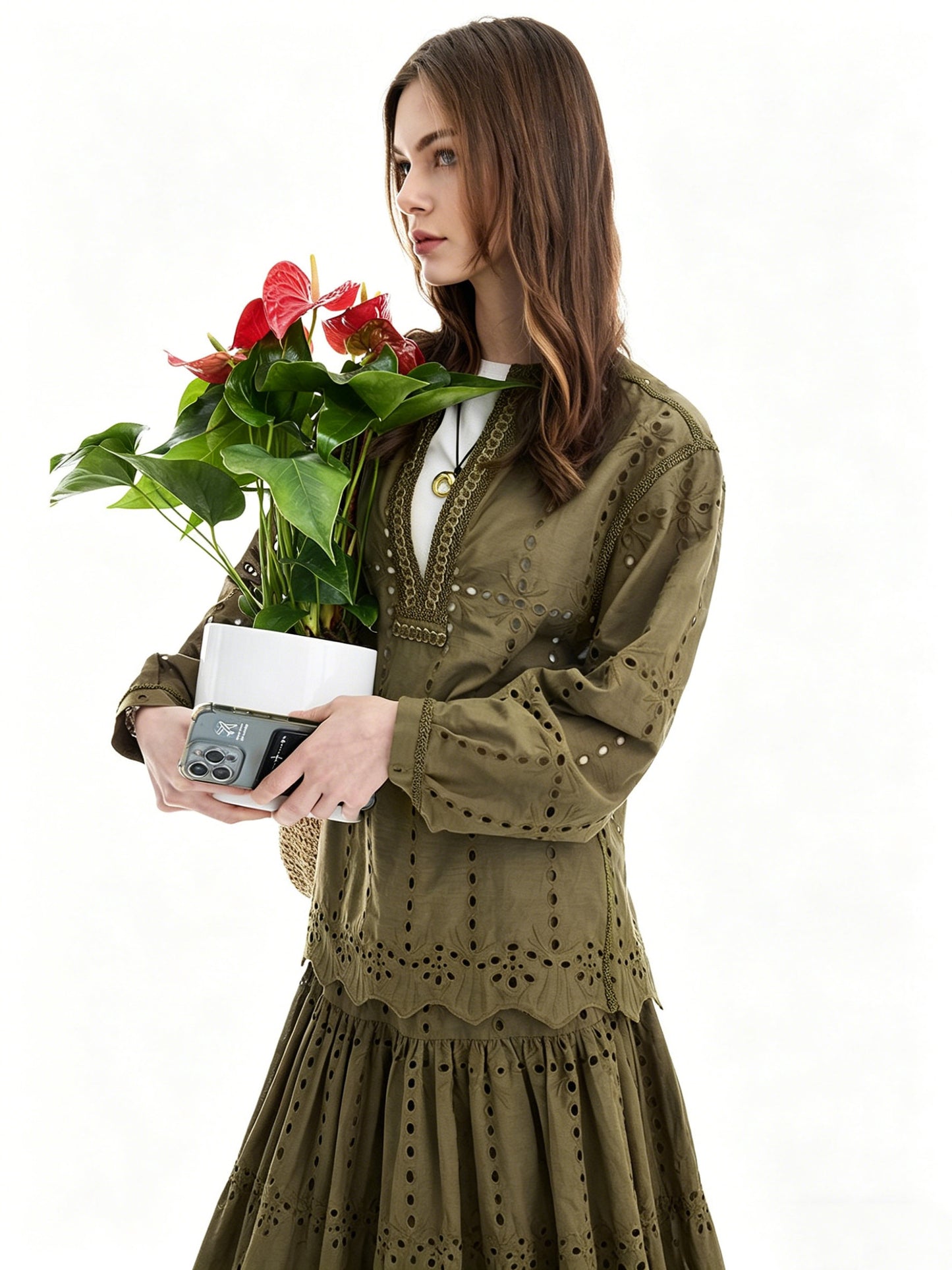 AYANAS Loose-fitting, openwork embroidered women's shirt-dress set
