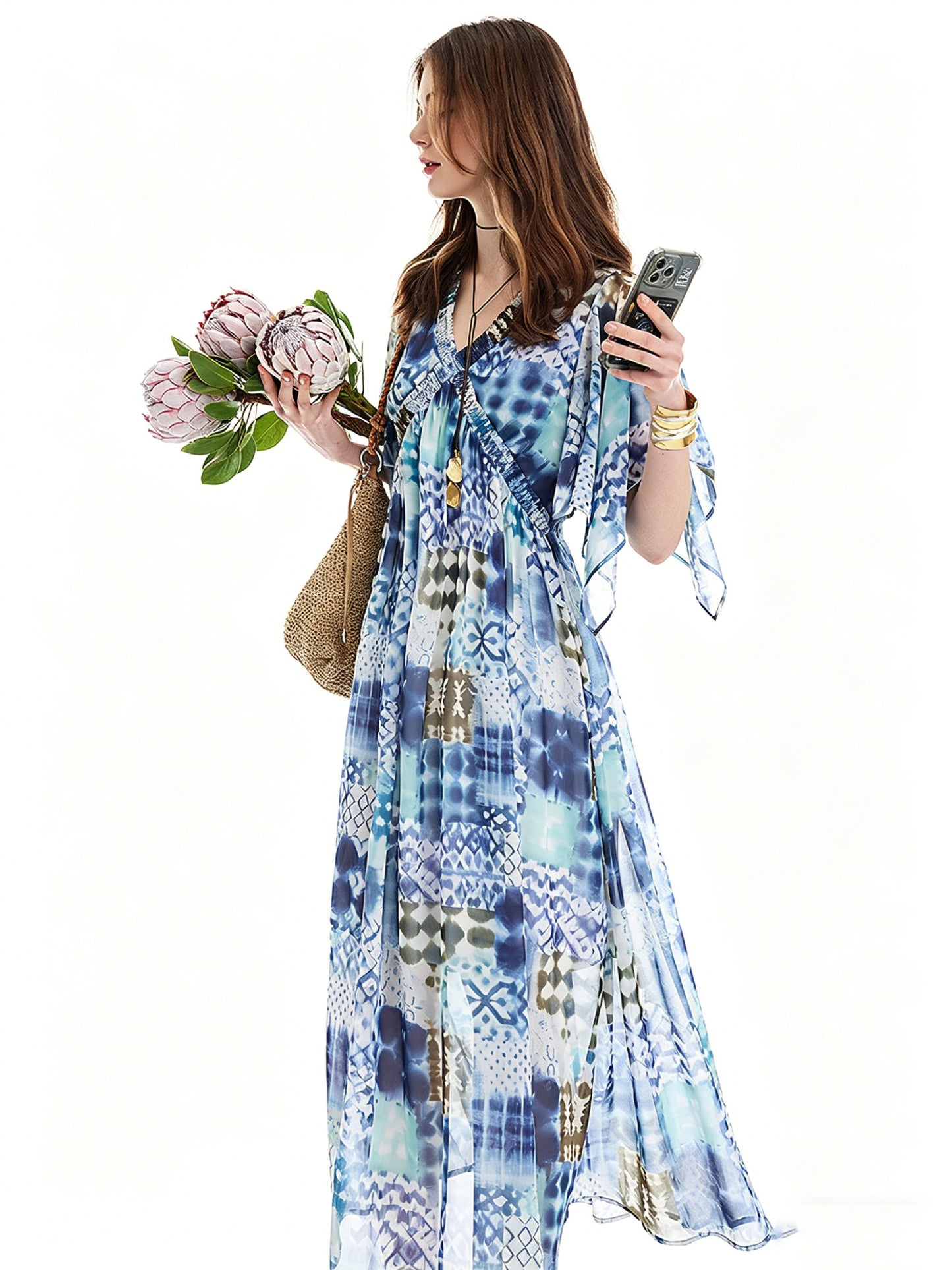 AYANAS Multi-coloured printed chiffon V-neck maxi dress for women