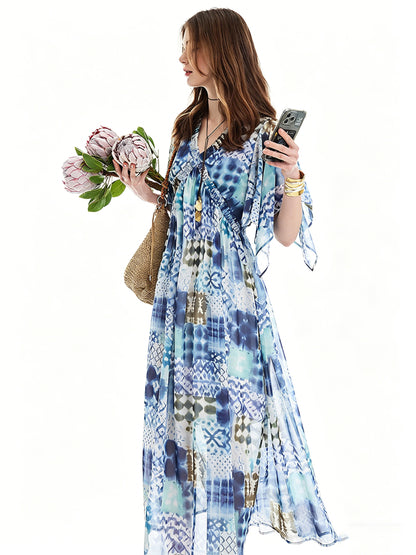AYANAS Multi-coloured printed chiffon V-neck maxi dress for women