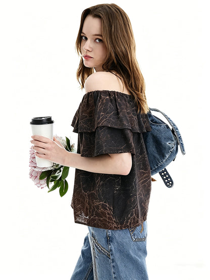 AYANAS Brown Leather-Print Ruffle Women's T-Shirt