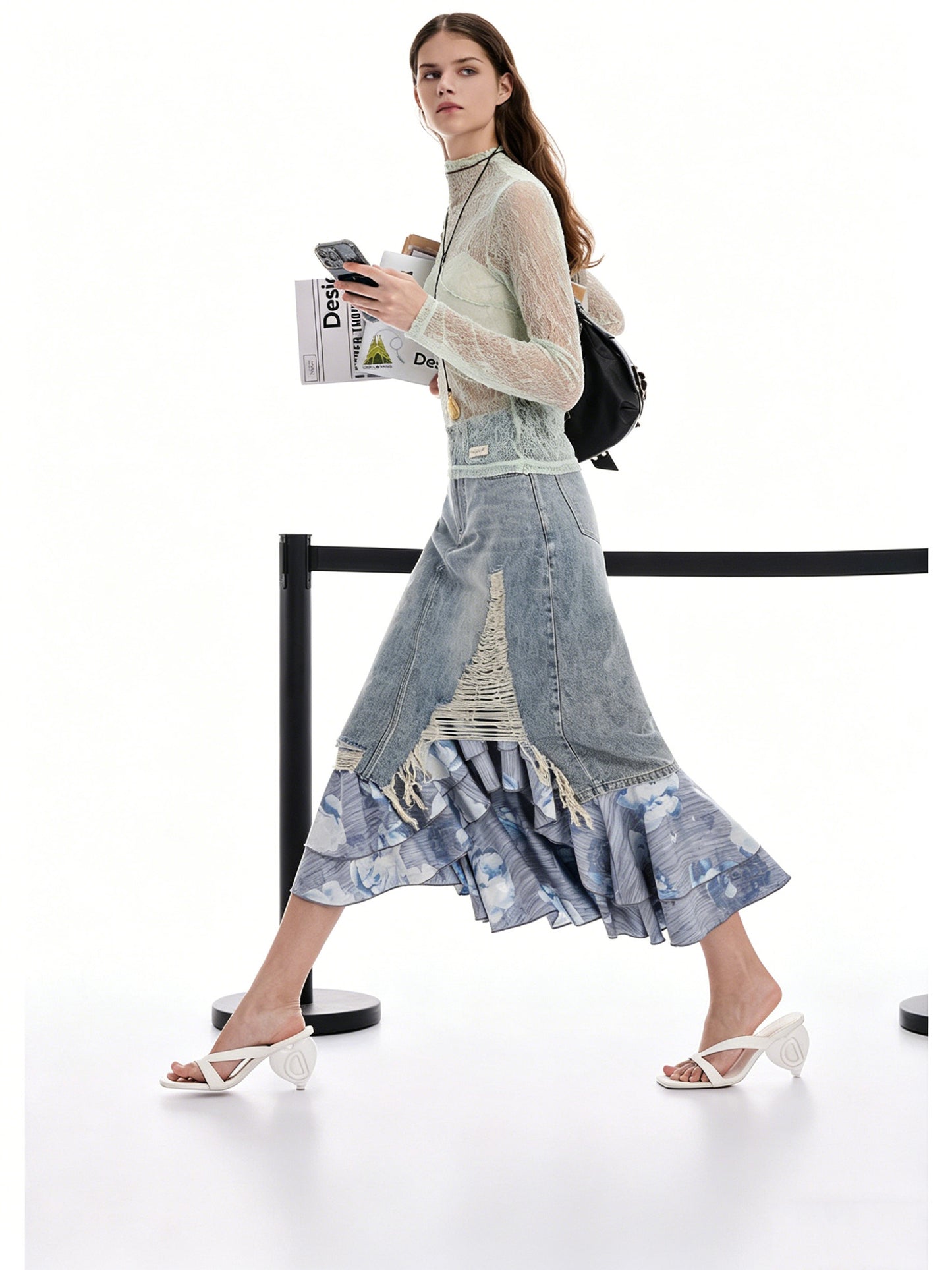 AYANAS Floral-print double-layered patchwork denim skirt