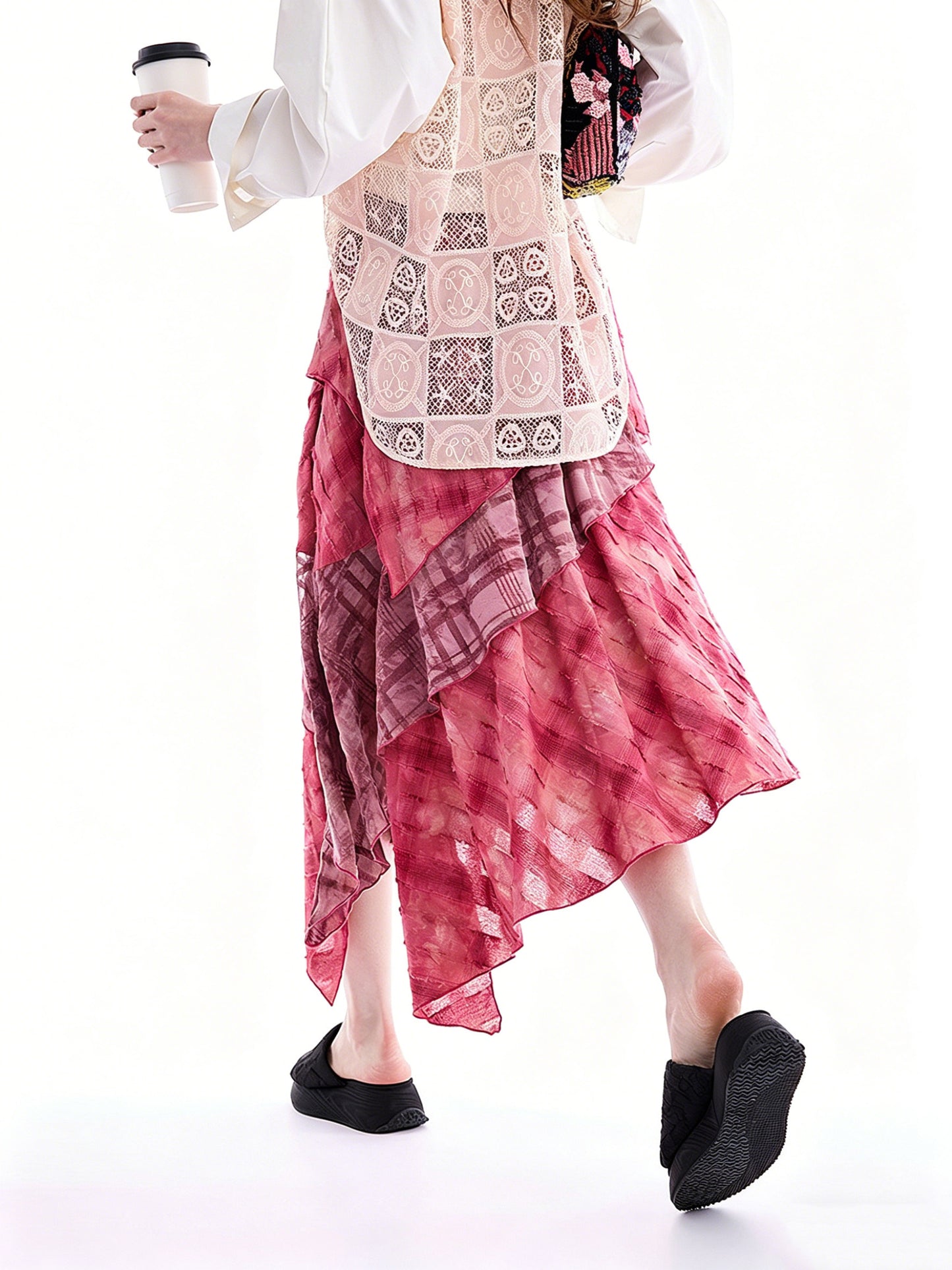 AYANAS Patchwork Velvet Checkered Magenta Skirt