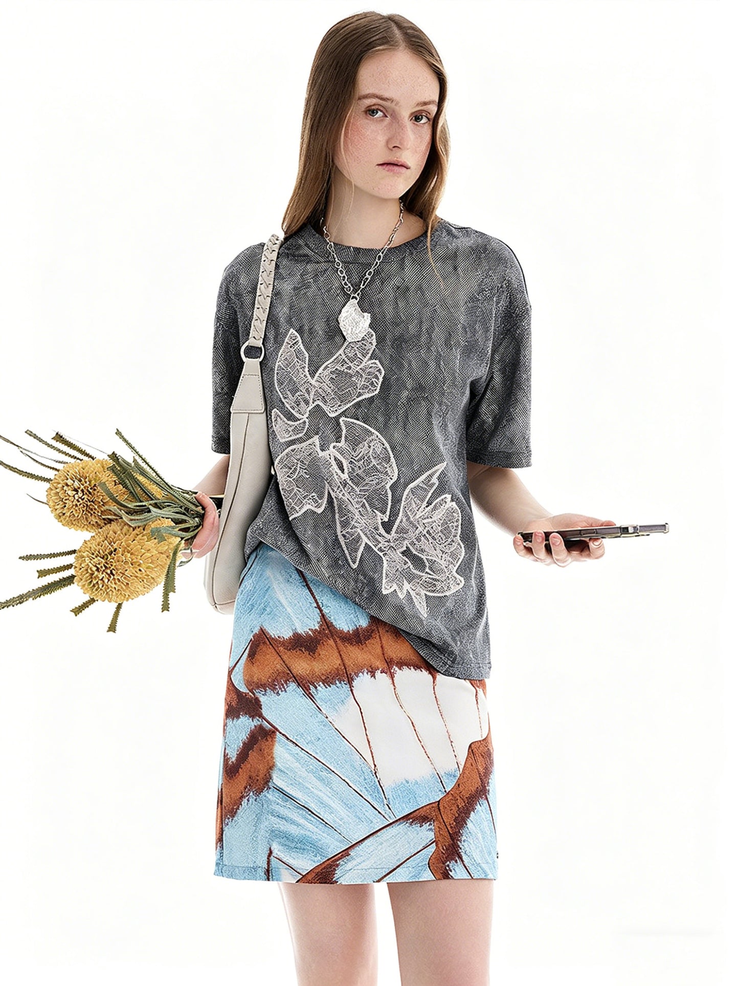 AYANAS T-shirt with black mottled lace print