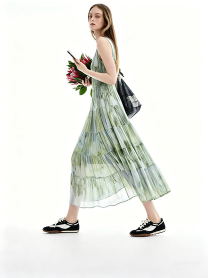 AYANAS Green gradient mottled print pinafore dress