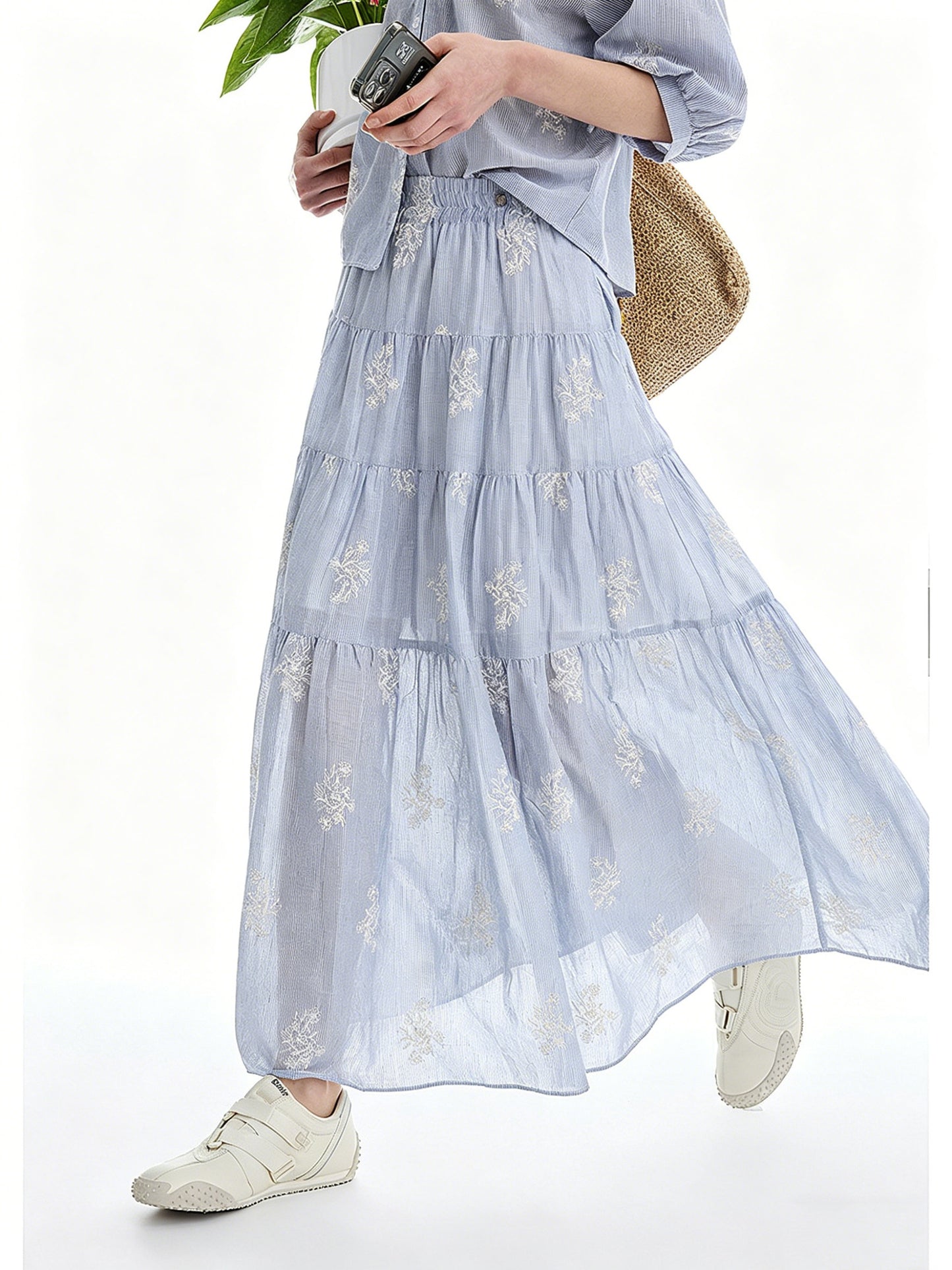 AYANAS Striped embroidered tiered skirt