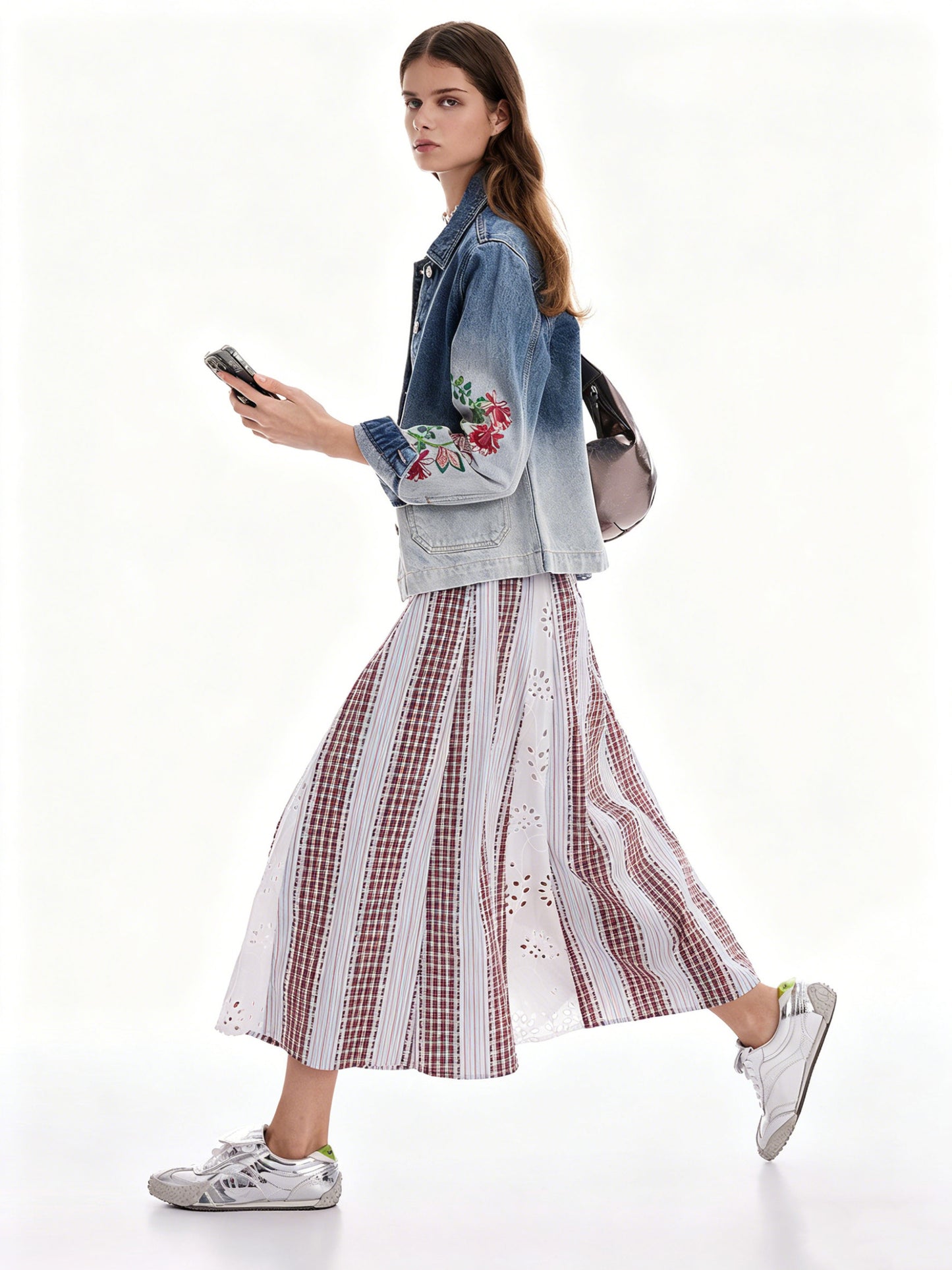 AYANAS Patchwork Striped and Checkered Elastic-Waist Midi Skirt