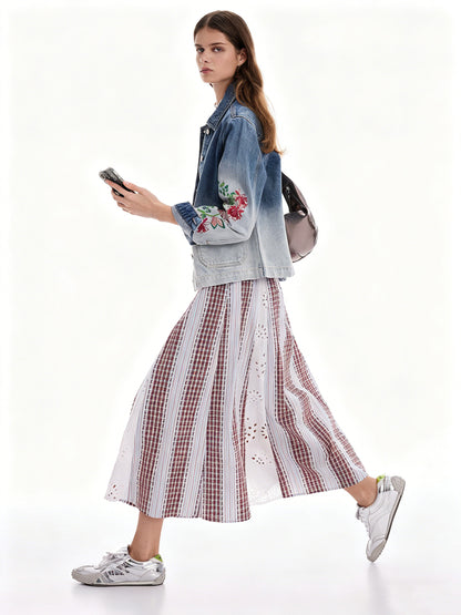 AYANAS Patchwork Striped and Checkered Elastic-Waist Midi Skirt