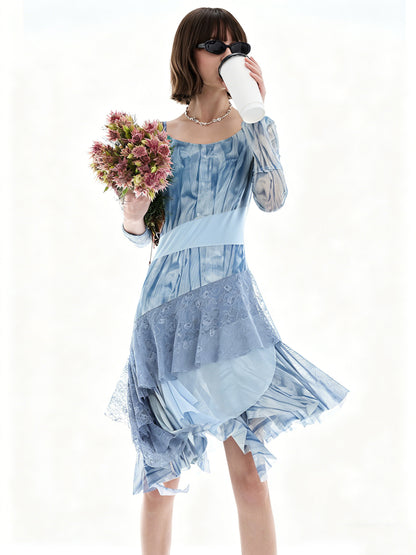 AYANAS Blue Printed Mesh and Lace Patchwork Dress