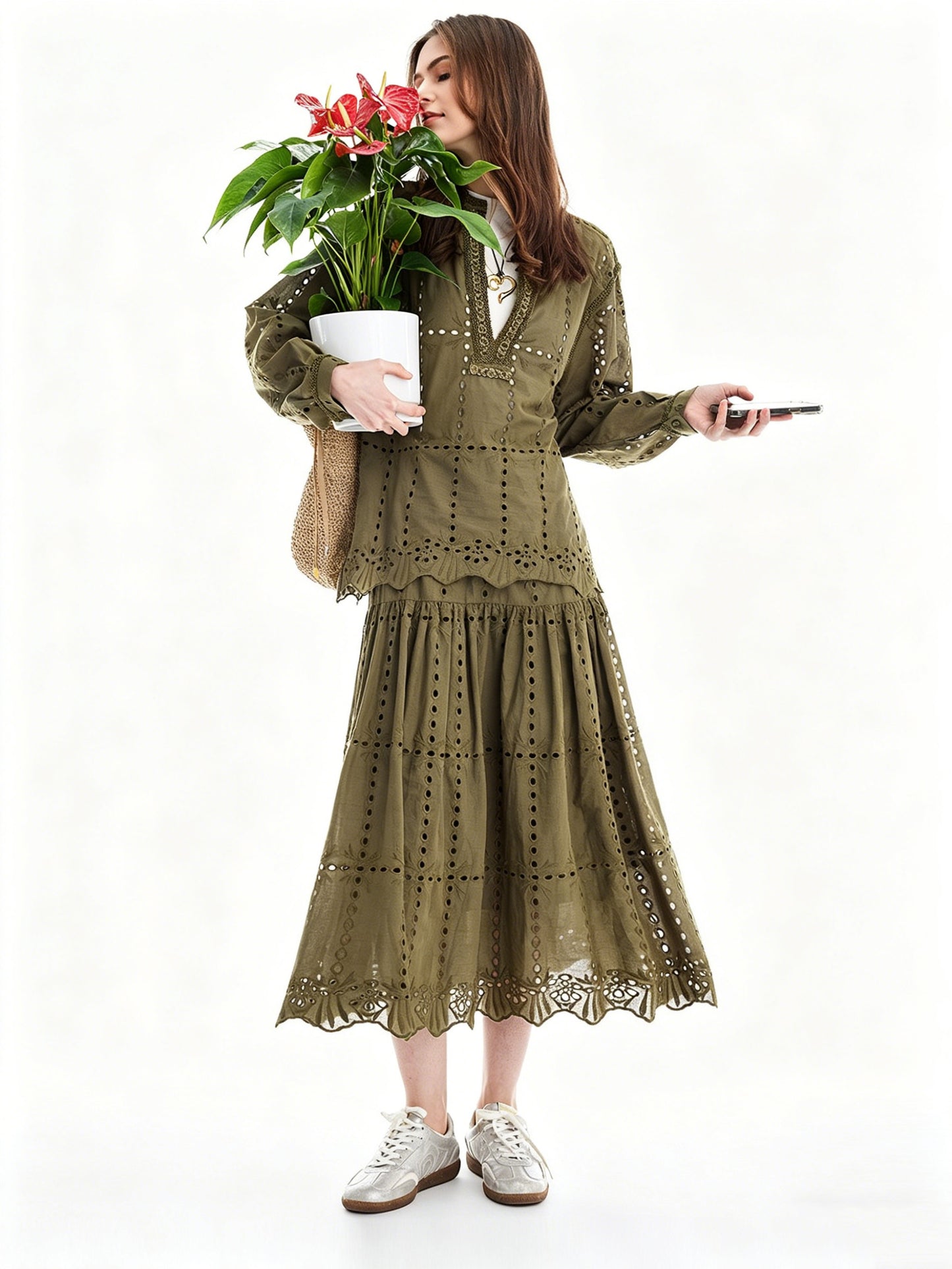 AYANAS Loose-fitting, openwork embroidered women's shirt-dress set