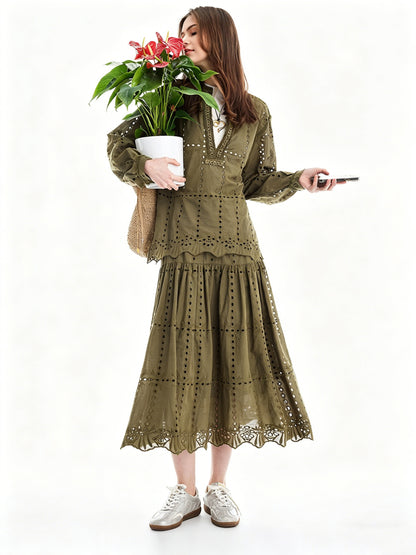 AYANAS Loose-fitting, openwork embroidered women's shirt-dress set