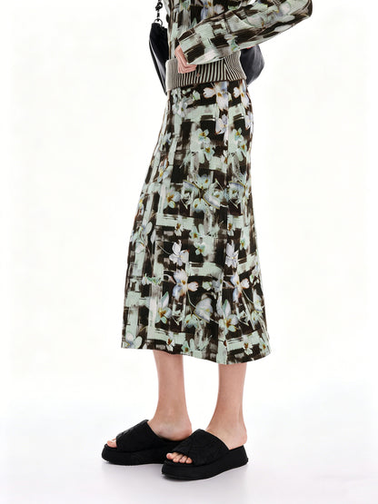 AYANAS Floral Check Print Flare Midi Skirt