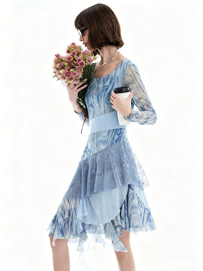 AYANAS Blue Printed Mesh and Lace Patchwork Dress