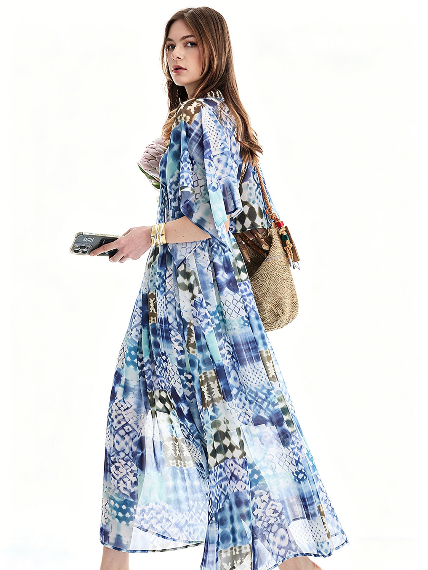 AYANAS Multi-coloured printed chiffon V-neck maxi dress for women