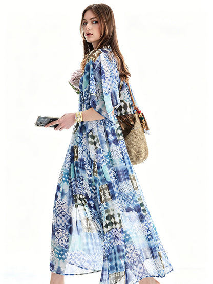 AYANAS Multi-coloured printed chiffon V-neck maxi dress for women