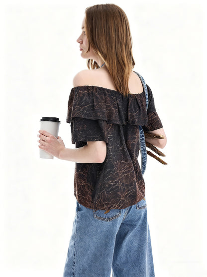AYANAS Brown Leather-Print Ruffle Women's T-Shirt
