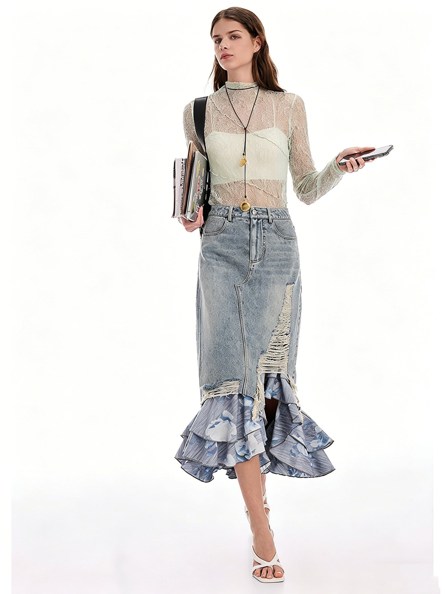 AYANAS Floral-print double-layered patchwork denim skirt