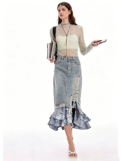 AYANAS Floral-print double-layered patchwork denim skirt