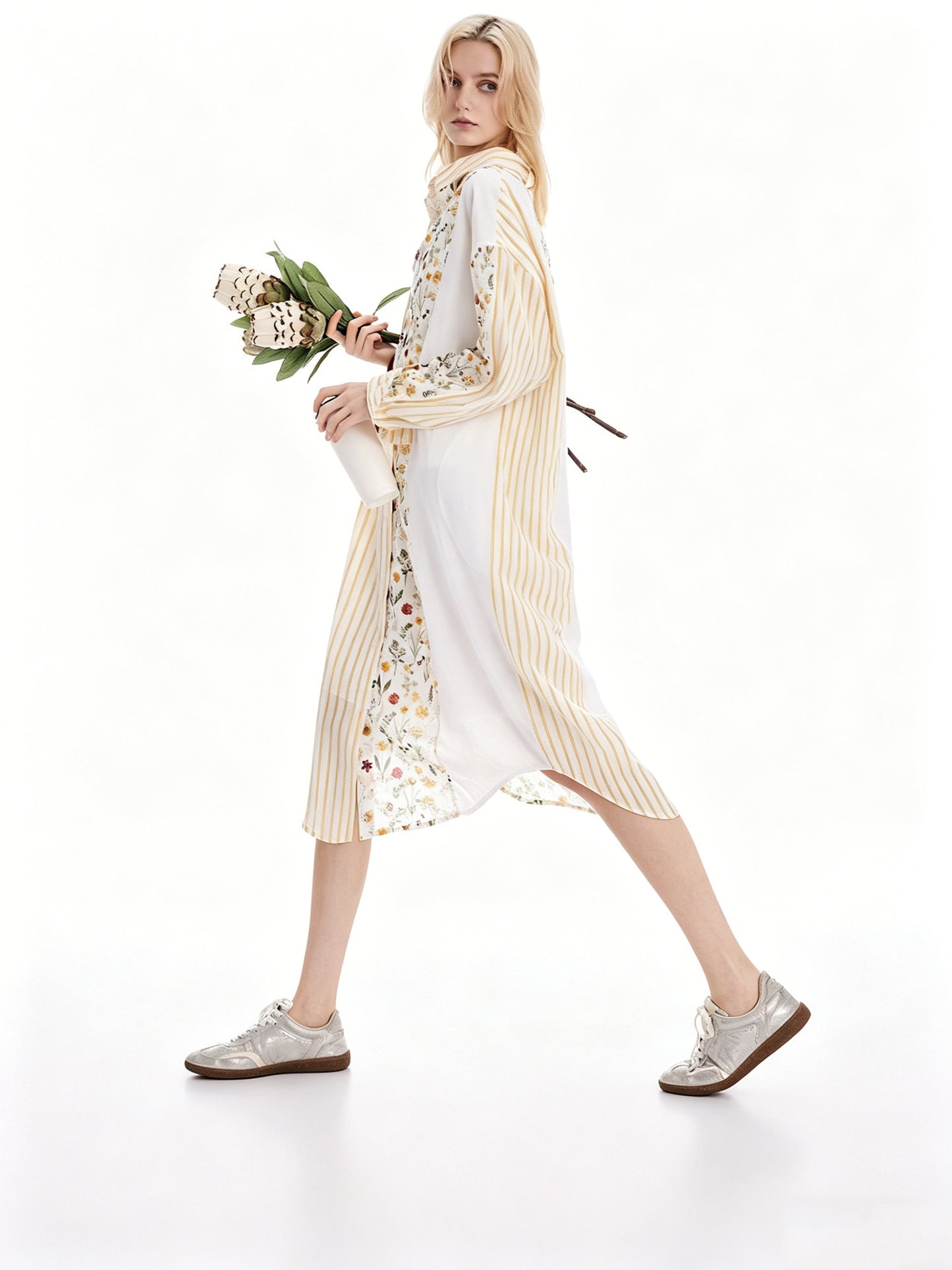 AYANAS Printed Patchwork Striped Collared Shirt Dress