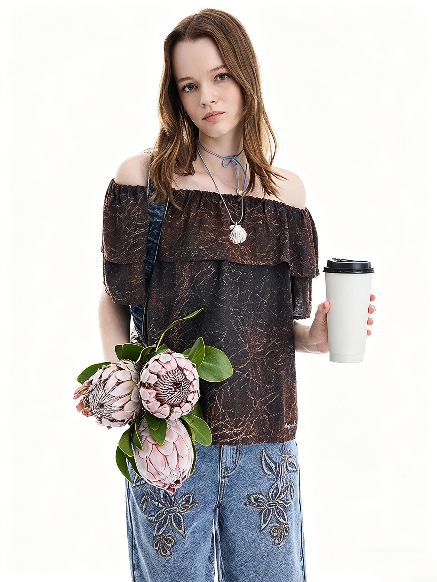AYANAS Brown Leather-Print Ruffle Women's T-Shirt