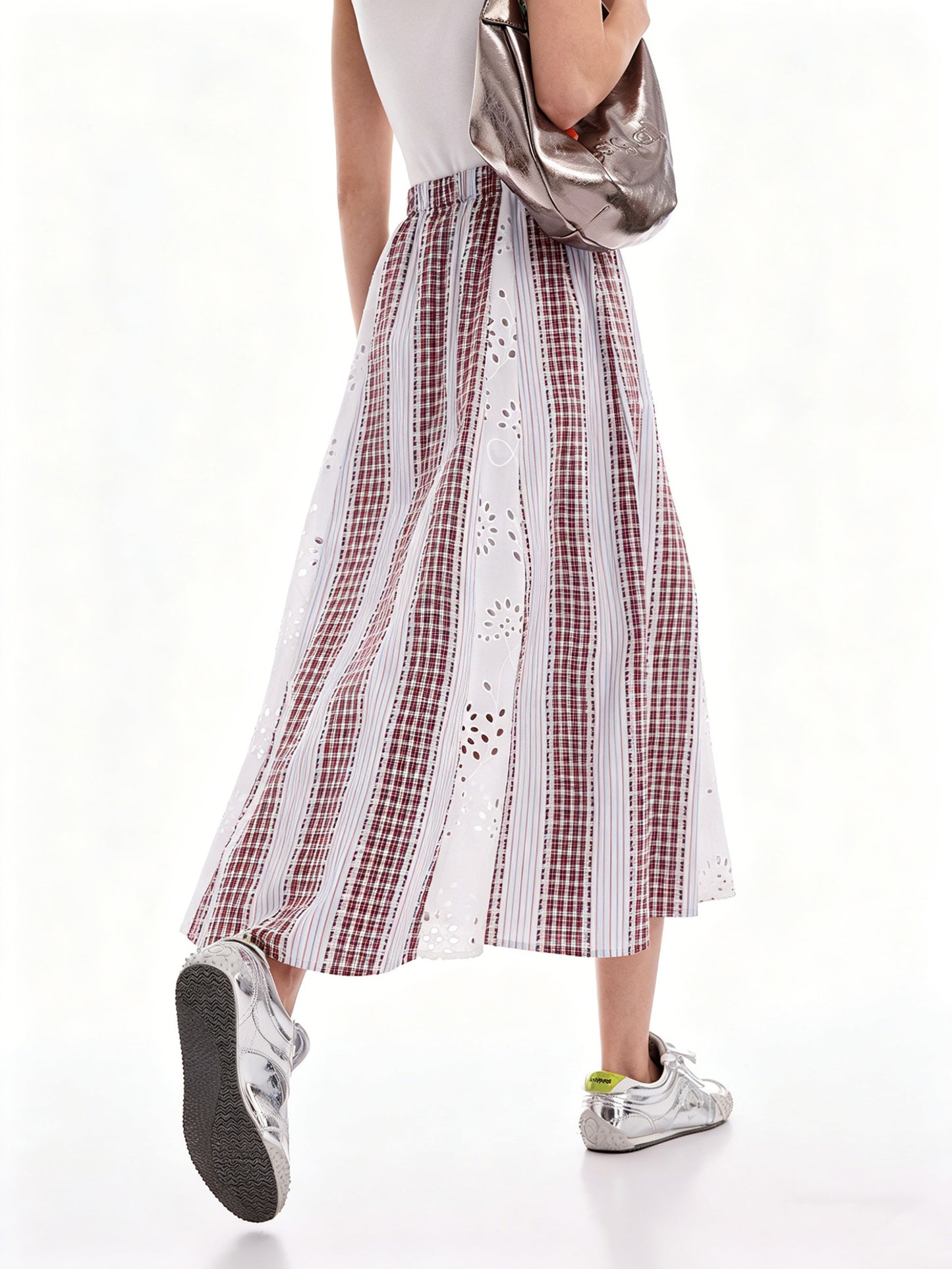 AYANAS Patchwork Striped and Checkered Elastic-Waist Midi Skirt