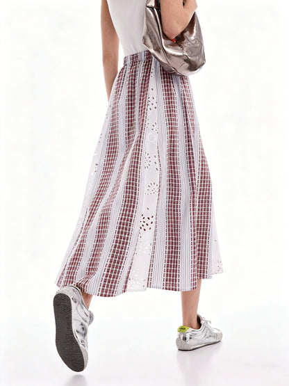 AYANAS Patchwork Striped and Checkered Elastic-Waist Midi Skirt