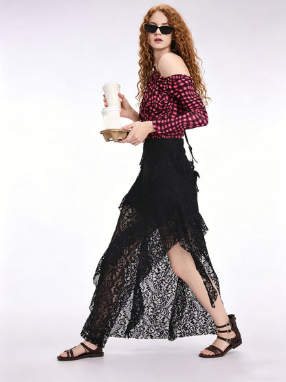 AYANAS Midi skirt with layered ruffles and an asymmetrical slit