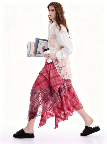 AYANAS Patchwork Velvet Checkered Magenta Skirt