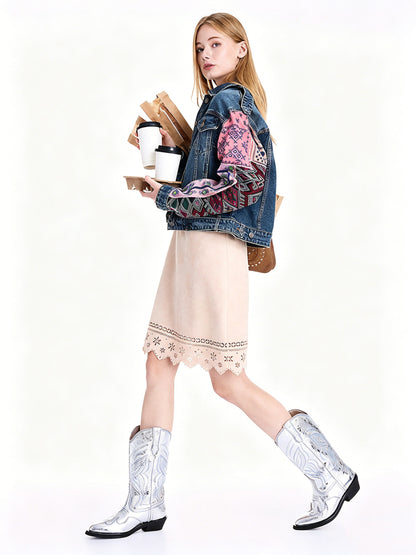 AYANAS Faux suede laser-cut A-line mini skirt
