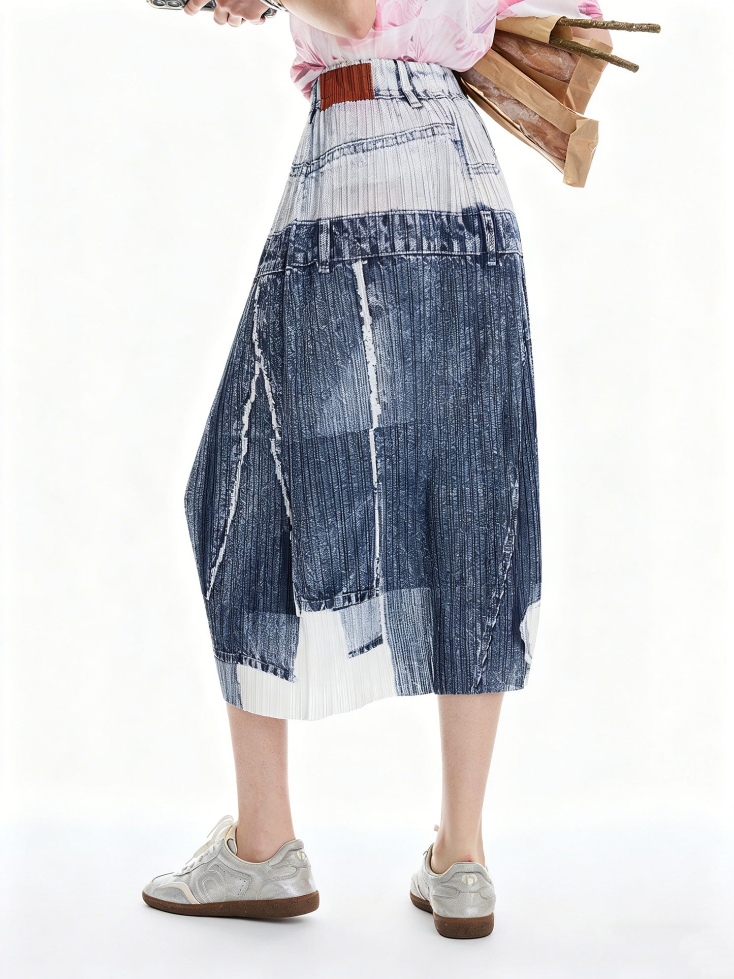 AYANAS Straight-cut faux denim printed pleated women’s skirt