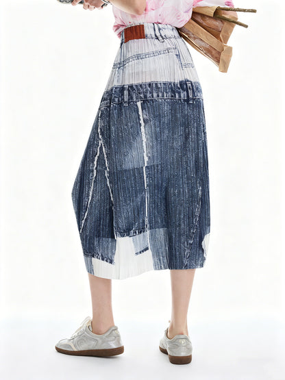 AYANAS Straight-cut faux denim printed pleated women’s skirt