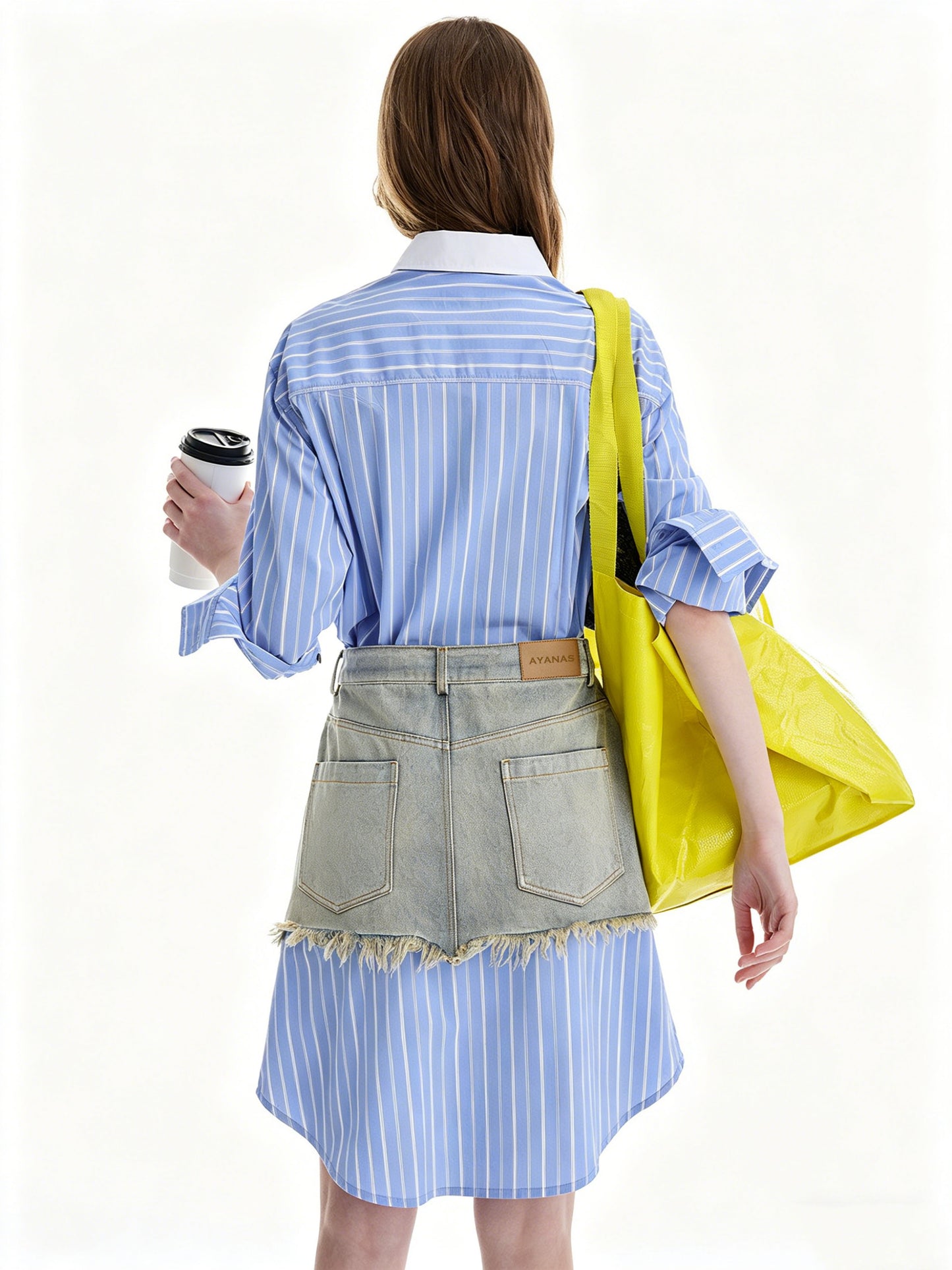 AYANAS Collared Striped Patchwork Frayed-Edge Denim Dress