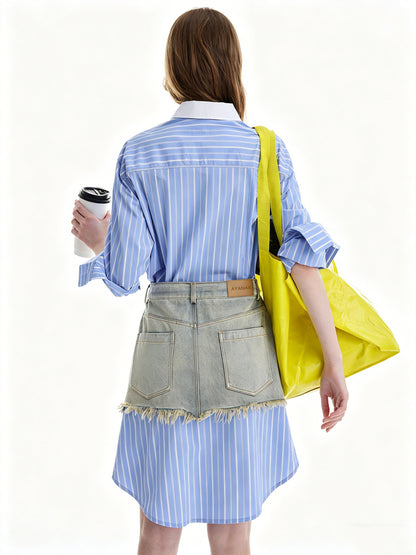 AYANAS Collared Striped Patchwork Frayed-Edge Denim Dress