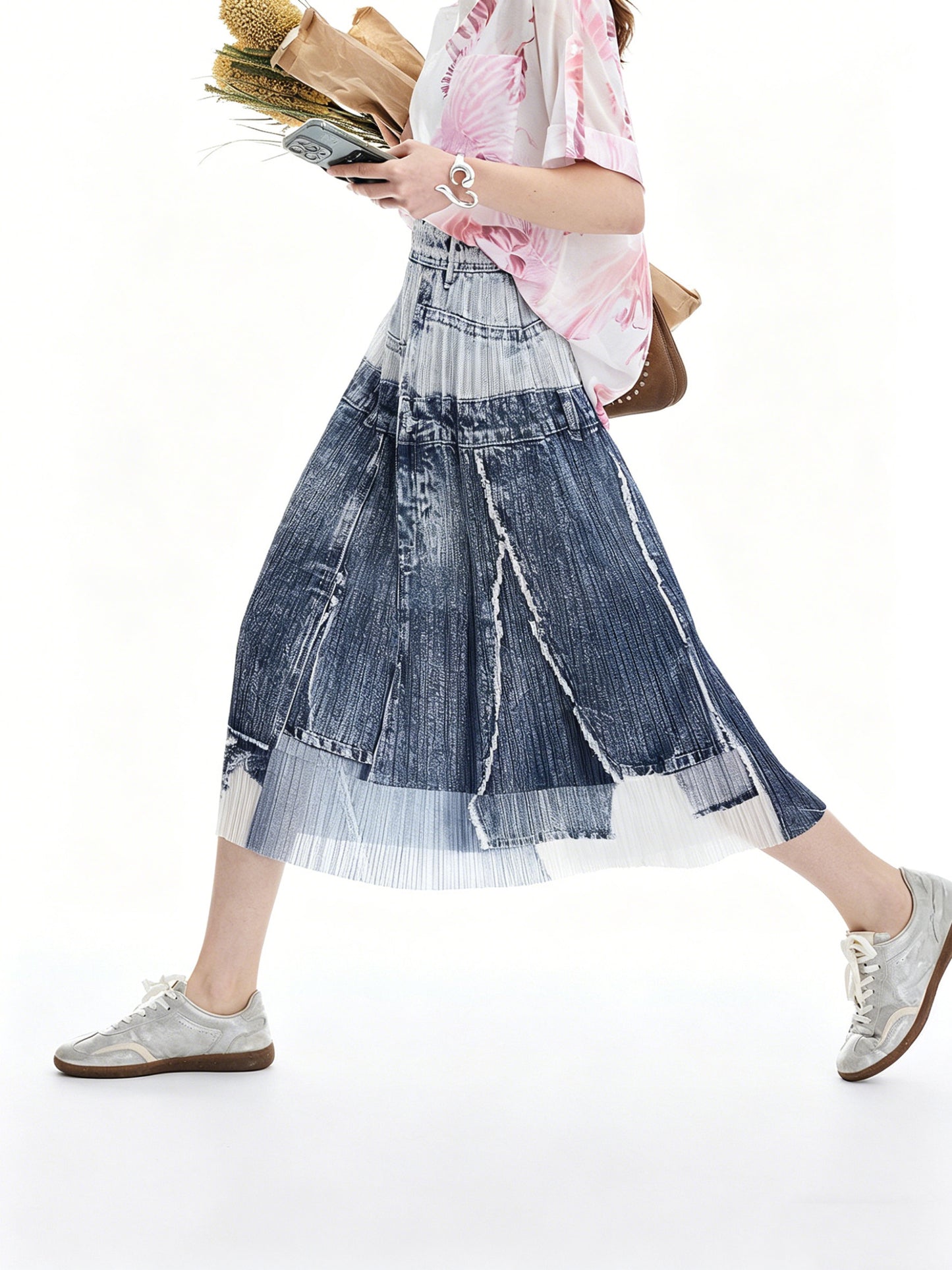 AYANAS Straight-cut faux denim printed pleated women’s skirt